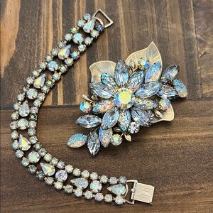 Aurora Borealis Crystal Floral Brooch and Rhinestone Bracelet Set - Iridescent